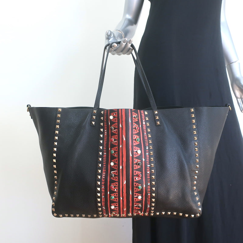 Valentino Tribal Painted Rockstud Tote Black Grained Leather Large Shoulder Bag