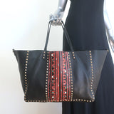 Valentino Tribal Painted Rockstud Tote Black Grained Leather Large Shoulder Bag