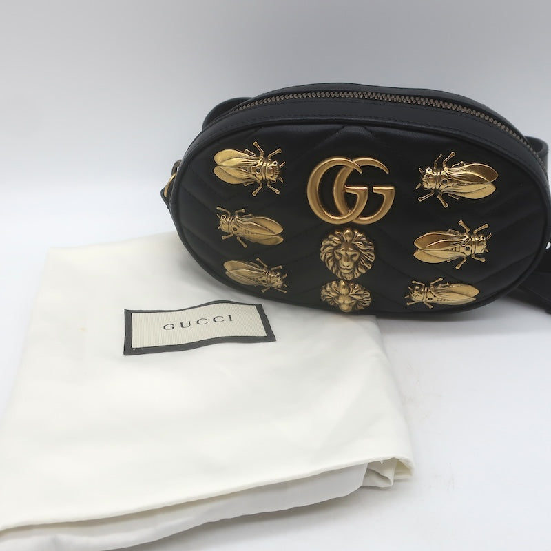 Gucci GG Marmont Animal Studs Matelasse Mini Belt Bag Black Leather Size 85