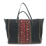 Valentino Tribal Painted Rockstud Tote Black Grained Leather Large Shoulder Bag