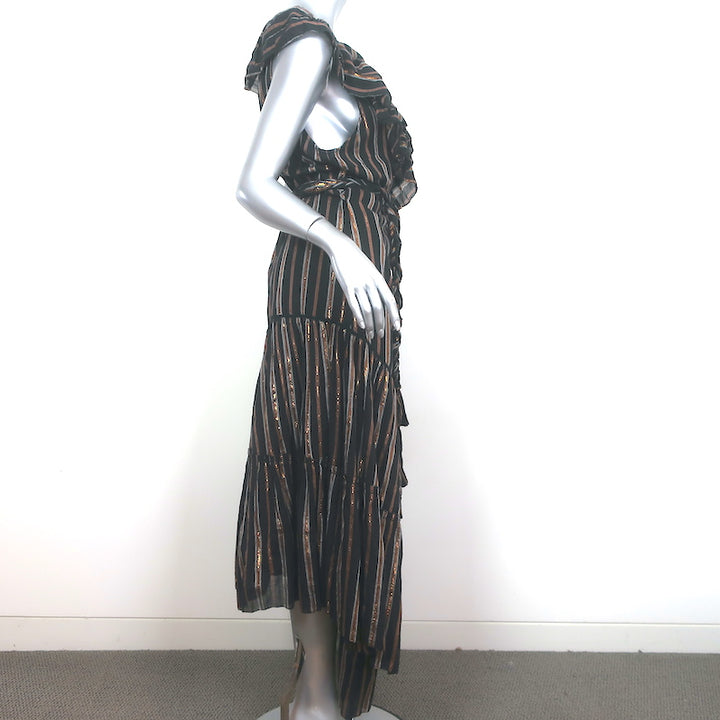 Apiece Apart Wrap Dress Nueva Costa Black/Copper Lurex Striped Cotton Size 12