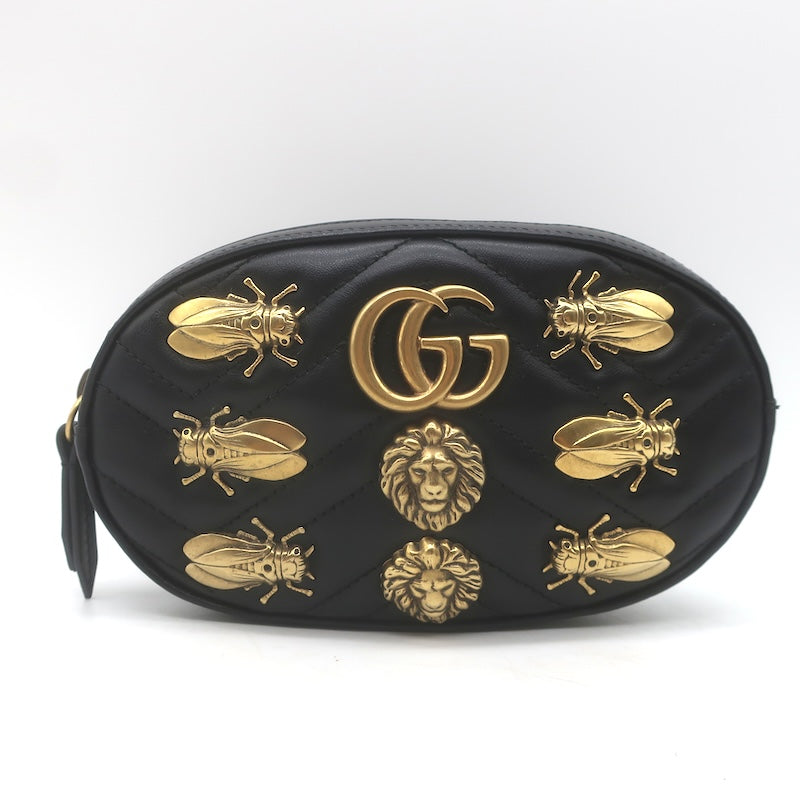 Gucci GG Marmont Animal Studs Matelasse Mini Belt Bag Black Leather Size 85
