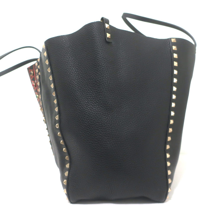 Valentino Tribal Painted Rockstud Tote Black Grained Leather Large Shoulder Bag