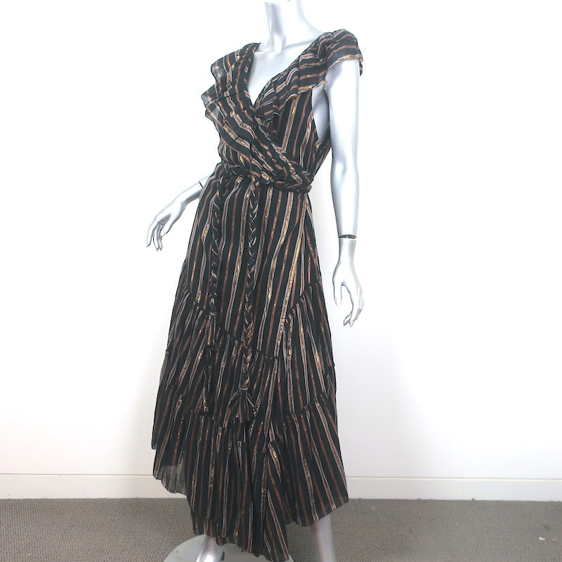 Apiece Apart Wrap Dress Nueva Costa Black/Copper Lurex Striped Cotton Size 12