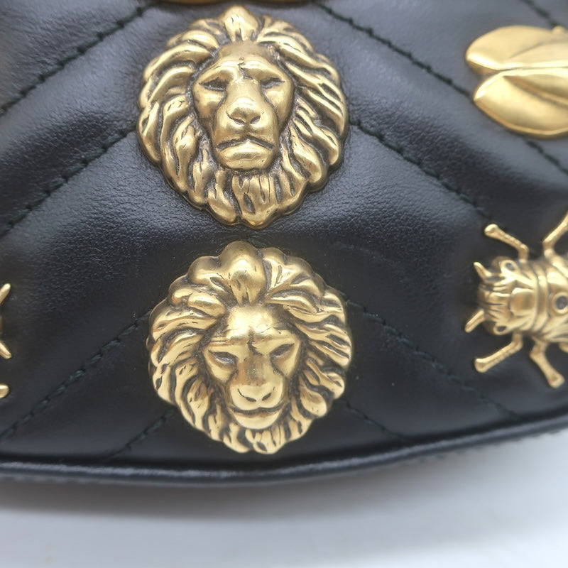 Gucci GG Marmont Animal Studs Matelasse Mini Belt Bag Black Leather Size 85