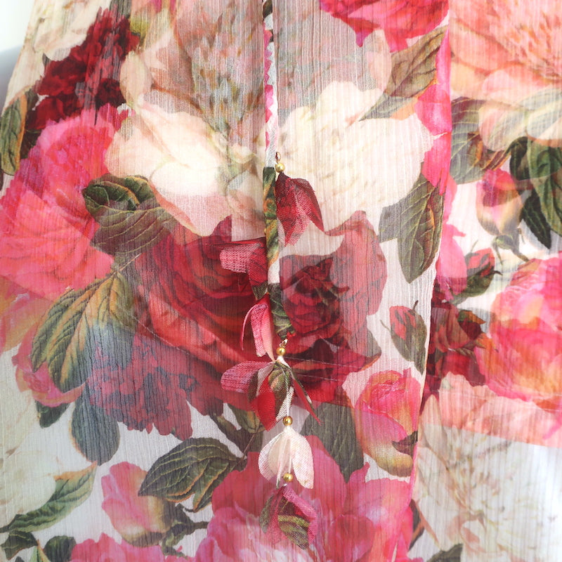 Zimmermann Wonderland Tie-Neck Frilled Top Red Peonies Print Chiffon Size 2