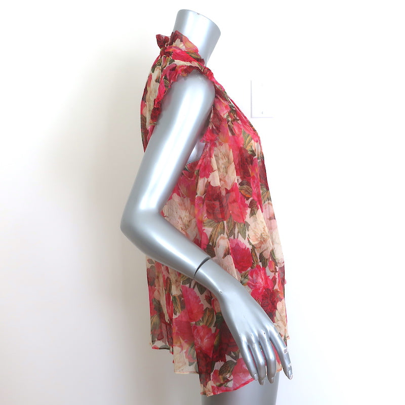 Zimmermann Wonderland Tie-Neck Frilled Top Red Peonies Print Chiffon Size 2