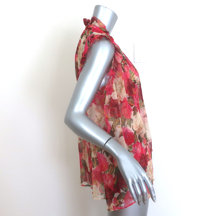 Zimmermann Wonderland Tie-Neck Frilled Top Red Peonies Print Chiffon Size 2