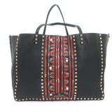 Valentino Tribal Painted Rockstud Tote Black Grained Leather Large Shoulder Bag