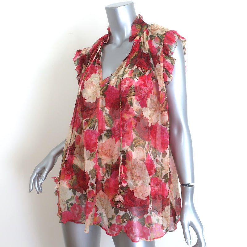 Zimmermann Wonderland Tie-Neck Frilled Top Red Peonies Print Chiffon Size 2