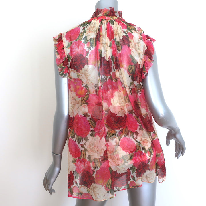 Zimmermann Wonderland Tie-Neck Frilled Top Red Peonies Print Chiffon Size 2