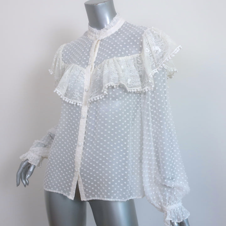 LoveShackFancy Erica Ruffle Blouse Cream Lace-Trim Swiss Dot Size Medium