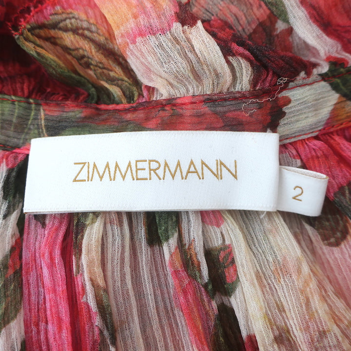 Zimmermann Wonderland Tie-Neck Frilled Top Red Peonies Print Chiffon Size 2