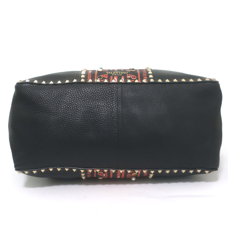 Valentino Tribal Painted Rockstud Tote Black Grained Leather Large Shoulder Bag