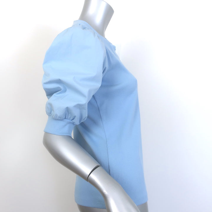 Veronica Beard Coralee Puff Sleeve Top Blue Ribbed Knit &amp; Poplin Size Medium
