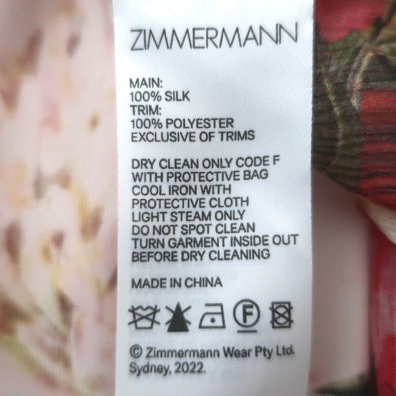 Zimmermann Wonderland Tie-Neck Frilled Top Red Peonies Print Chiffon Size 2