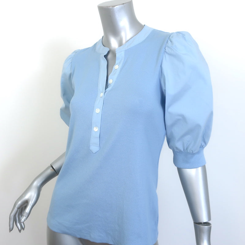Veronica Beard Coralee Puff Sleeve Top Blue Ribbed Knit &amp; Poplin Size Medium