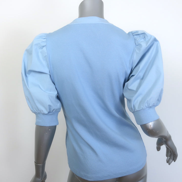 Veronica Beard Coralee Puff Sleeve Top Blue Ribbed Knit &amp; Poplin Size Medium