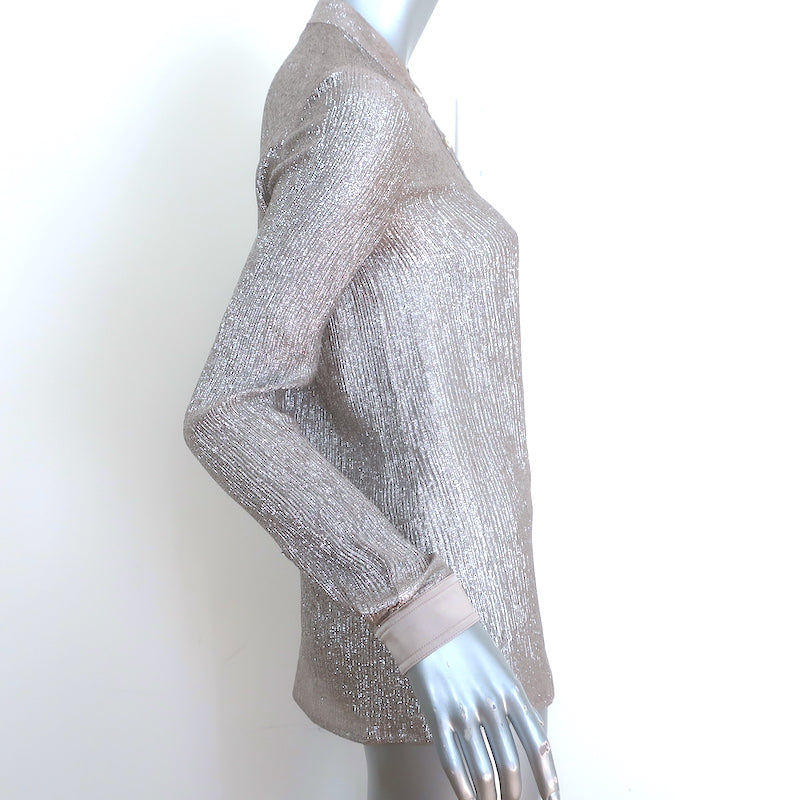 Tory Burch Metallic Button Down Shirt Silver/Taupe Size 0 Long Sleeve Top