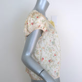 Doen Camri Tie-Neck Top Ivory Floral Print Satin Size Small Cap Sleeve Blouse