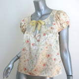 Doen Camri Tie-Neck Top Ivory Floral Print Satin Size Small Cap Sleeve Blouse