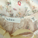 Doen Camri Tie-Neck Top Ivory Floral Print Satin Size Small Cap Sleeve Blouse