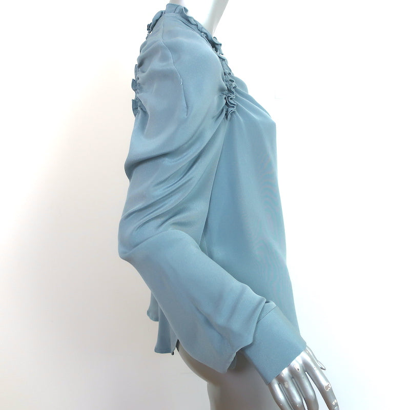 Rachel Comey Ruffled Cutout Blouse Blue Silk Size 6 Long Sleeve Top
