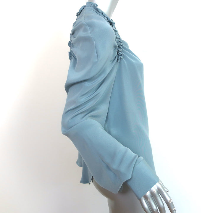 Rachel Comey Ruffled Cutout Blouse Blue Silk Size 6 Long Sleeve Top