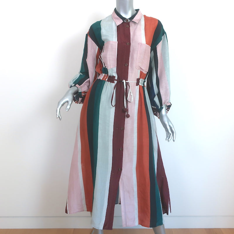Apiece Apart Kimono Shirt Dress Multi Striped Linen-Silk Size 4 Long Sleeve Midi Apiece Apart Kimono Shirt Dress Multi Striped Linen-Silk Size 4 Long Sleeve Midi