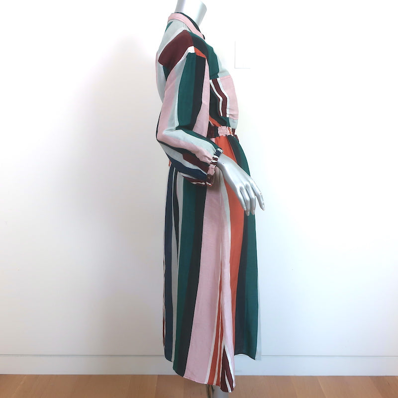 Apiece Apart Kimono Shirt Dress Multi Striped Linen-Silk Size 4 Long Sleeve Midi