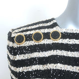 Balmain Sequined Striped Long Sleeve Mini Dress Black/Cream Size 40 NEW
