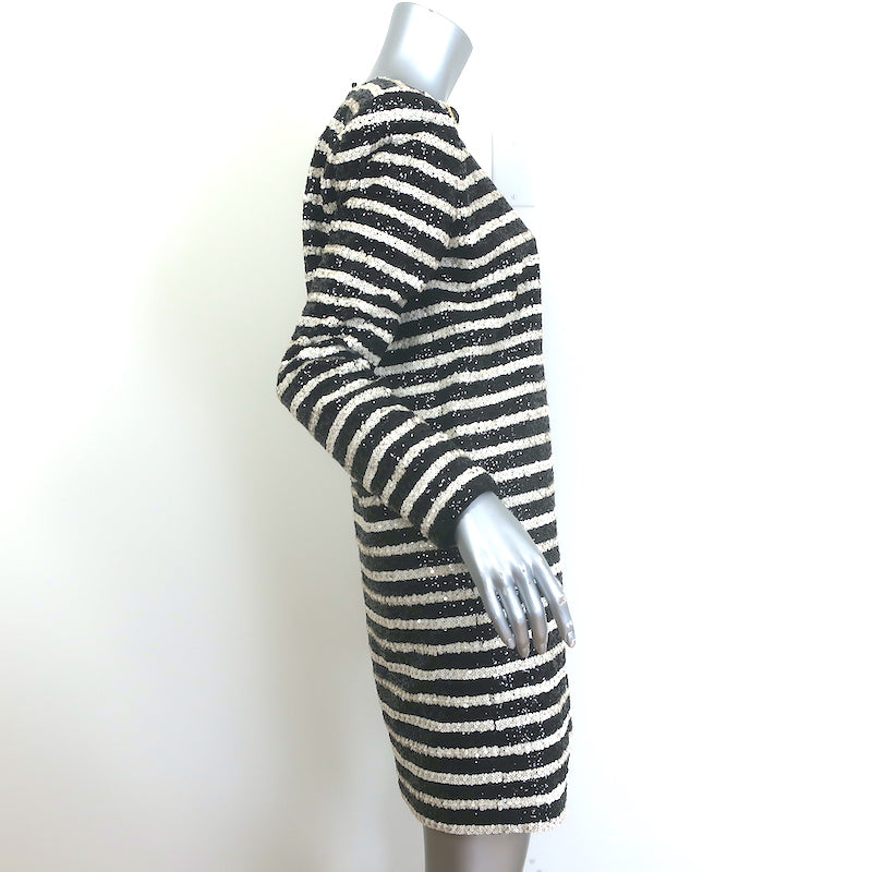 Balmain Sequined Striped Long Sleeve Mini Dress Black/Cream Size 40 NEW