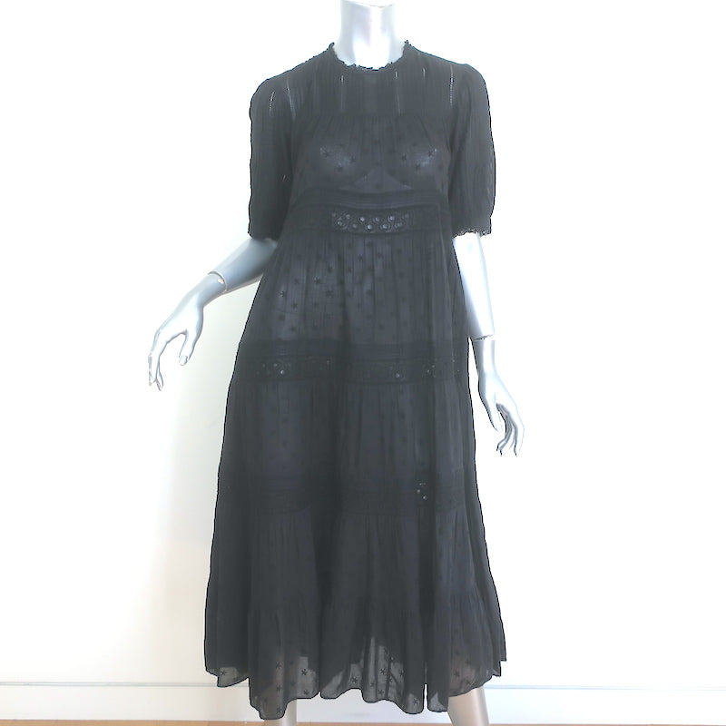 Doen Minetta Tiered Midi Dress Black Embroidered Cotton Size Extra Sma Celebrity Owned Doen Minetta Tiered Midi Dress Black Embroidered Cotton Size Extra Sma Celebrity Owned