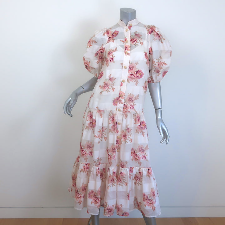 Zimmermann Rosa Striped Belted Tiered Midi Dress Cream Floral Print Size 0