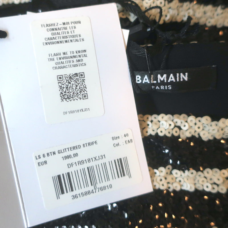 Balmain Sequined Striped Long Sleeve Mini Dress Black/Cream Size 40 NEW