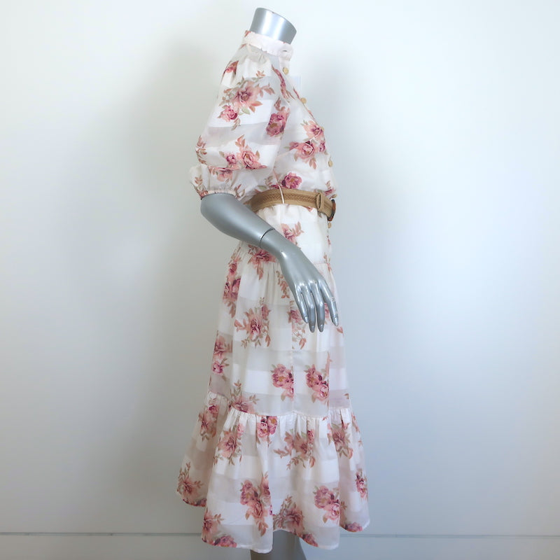 Zimmermann Rosa Striped Belted Tiered Midi Dress Cream Floral Print Size 0