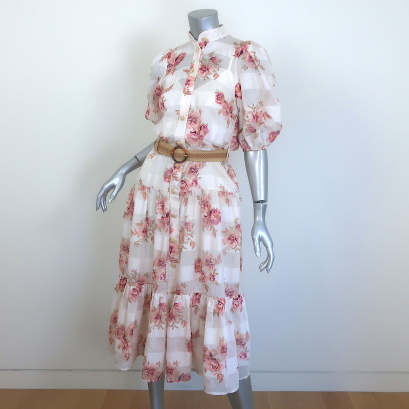 Zimmermann Rosa Striped Belted Tiered Midi Dress Cream Floral Print Size 0