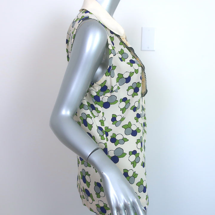 Tory Burch Collared Ruffle Top Cream Printed Silk Size 10 Sleeveless Blouse