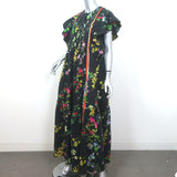 Cynthia Rowley Nairobi Kaftan Maxi Dress Black Botanical Print Cotton Size Large