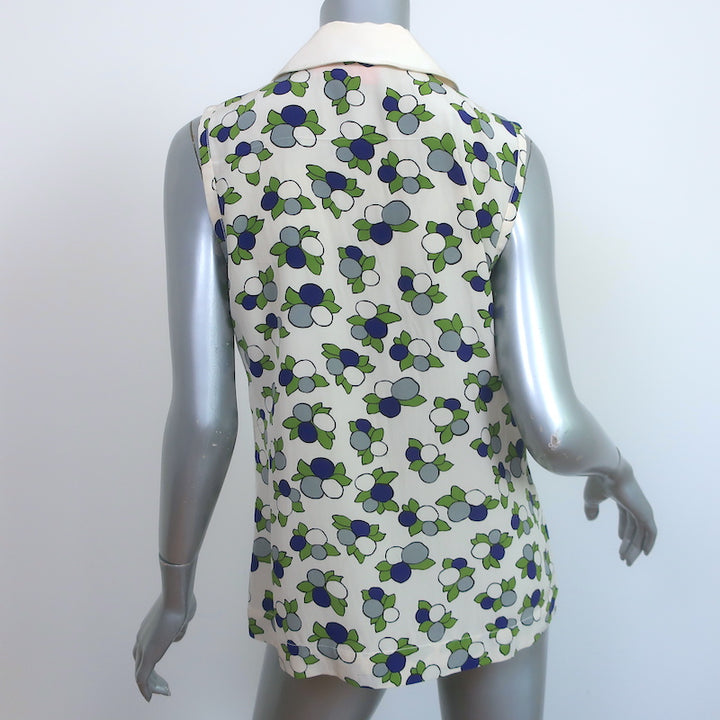Tory Burch Collared Ruffle Top Cream Printed Silk Size 10 Sleeveless Blouse