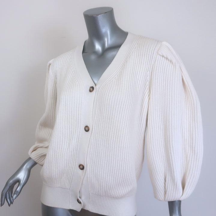 G. Label by goop Hill Puff Sleeve Cardigan Cream Ribbed Cotton Size Medium