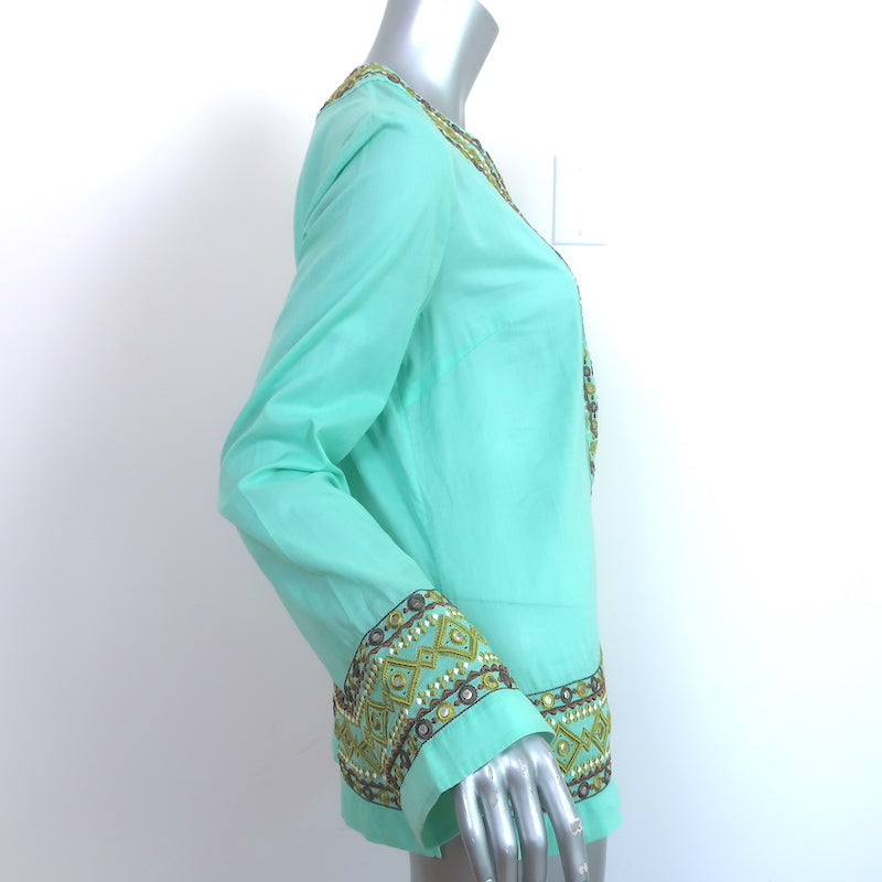 Tory Burch Embroidered Tunic Top Blue Cotton Size 10 Long Sleeve Blouse