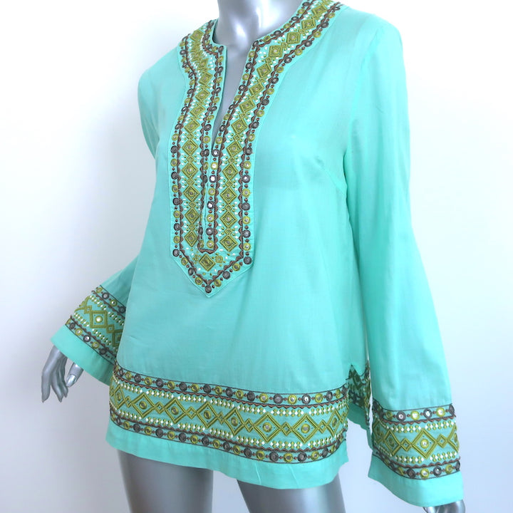 Tory Burch Embroidered Tunic Top Blue Cotton Size 10 Long Sleeve Blouse