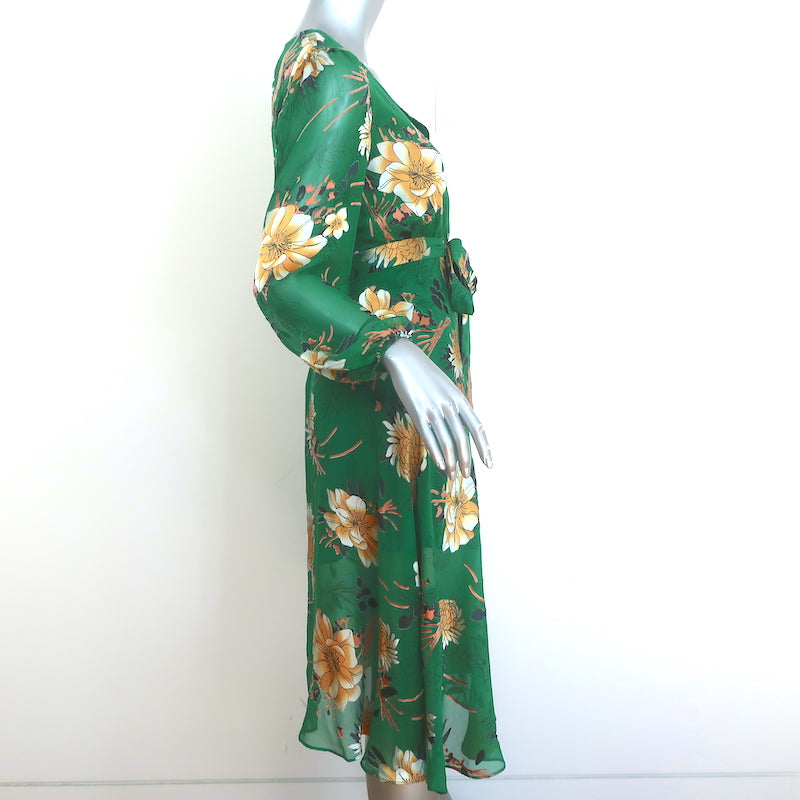Alice + Olivia Coco Midi Dress Green Floral Print Fil Coupe Chiffon Size 2