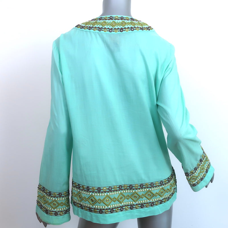 Tory Burch Embroidered Tunic Top Blue Cotton Size 10 Long Sleeve Blouse
