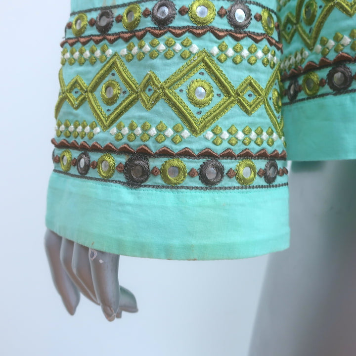 Tory Burch Embroidered Tunic Top Blue Cotton Size 10 Long Sleeve Blouse