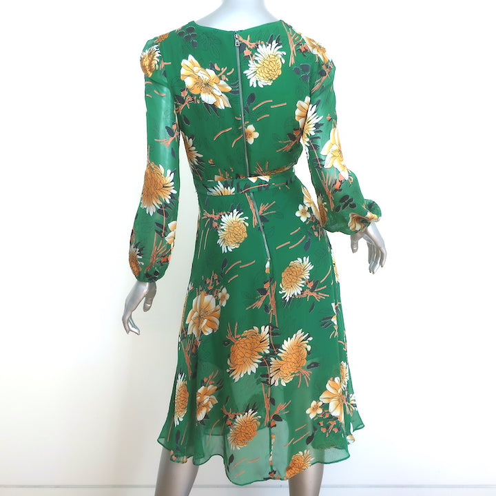 Alice + Olivia Coco Midi Dress Green Floral Print Fil Coupe Chiffon Size 2