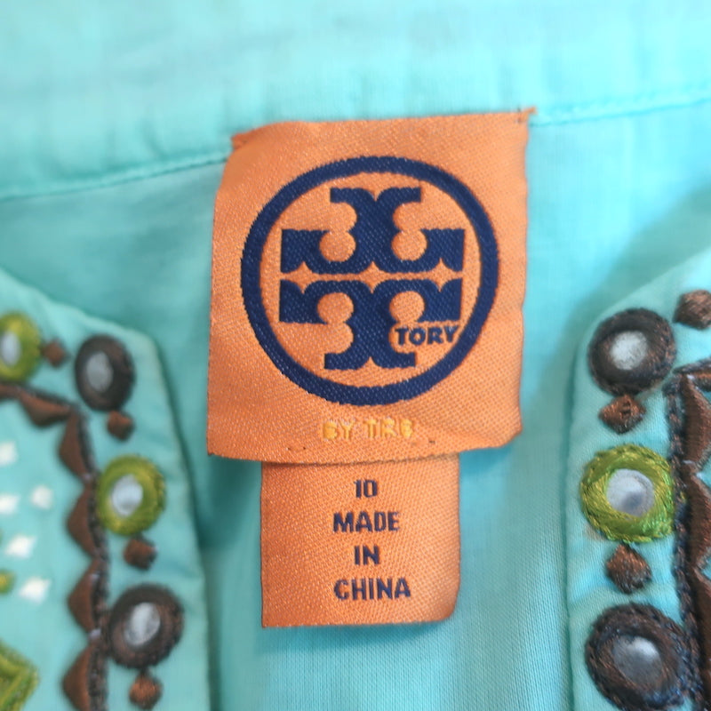 Tory Burch Embroidered Tunic Top Blue Cotton Size 10 Long Sleeve Blouse