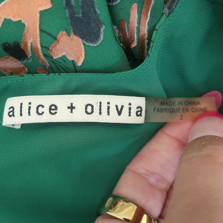 Alice + Olivia Coco Midi Dress Green Floral Print Fil Coupe Chiffon Size 2