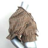 Maison Cleo Tie-Front Blouse Angele Beige Houndstooth Size Small Puff Sleeve Top